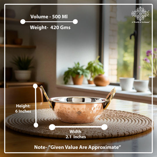 Steel Copper Hammered Design Kadhai - Elegant Serveware with Brass Handles