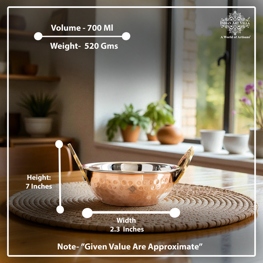 Steel Copper Hammered Design Kadhai - Elegant Serveware with Brass Handles