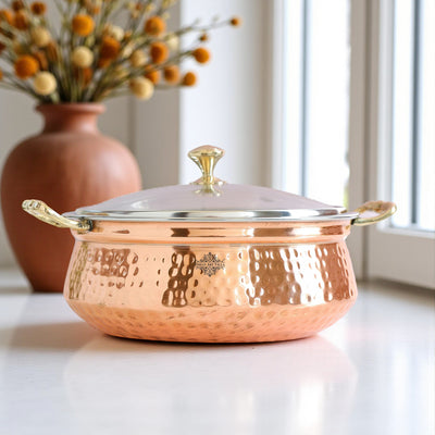 Steel Copper Hammered Design Casserole with Brass Handles- Serveware
