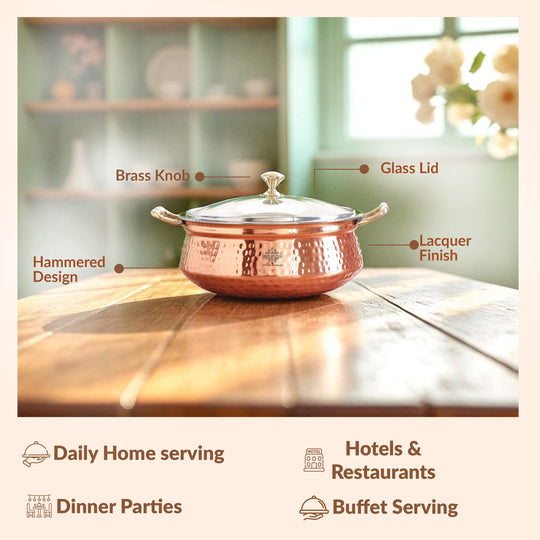 Steel Copper Hammered Design Casserole with Brass Handles- Serveware