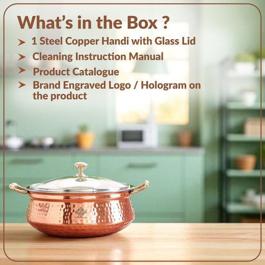 Steel Copper Hammered Design Casserole with Brass Handles- Serveware