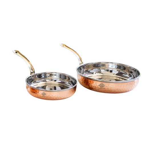 Steel copper pan platter with hammered design and brass handle by Indian Art Villa