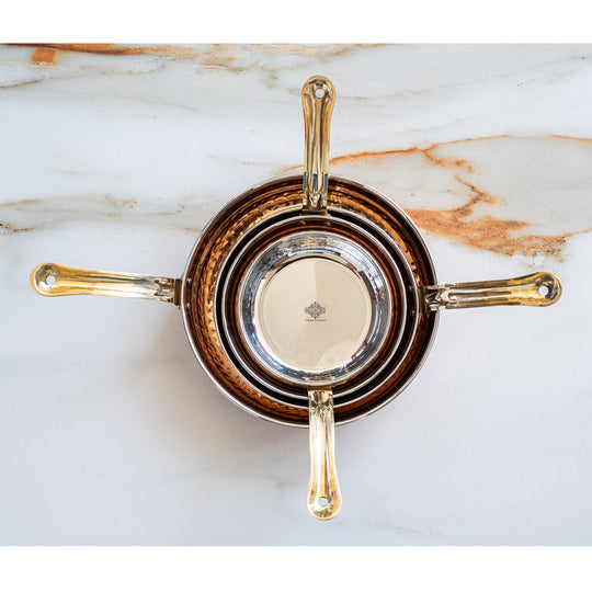 Steel copper hammered platter with brass handle for restaurant use