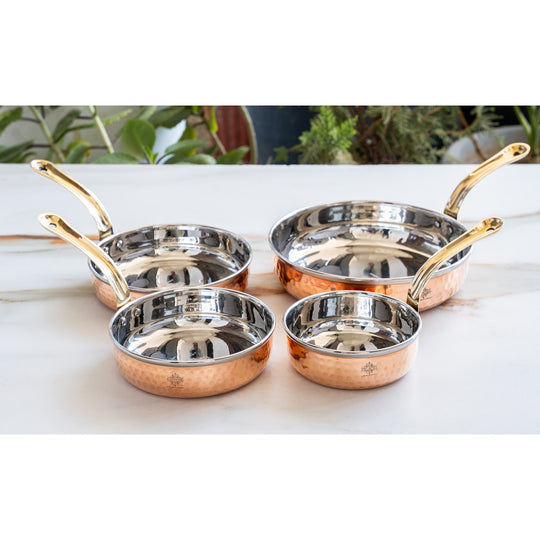 Handcrafted steel copper hammered pan platter with brass handle
