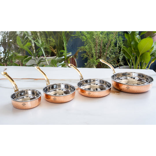Handcrafted steel copper pan platter with brass handle Indian Art Villa