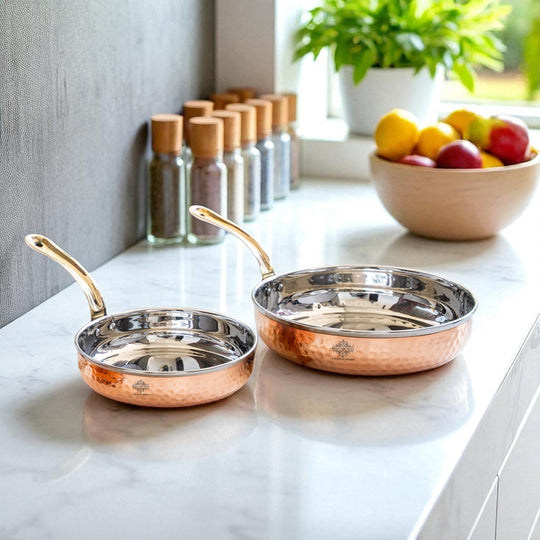 Steel copper pan platter with brass handle for stylish table serving