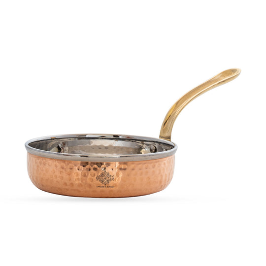 Stylish steel copper pan platter with brass handle handcrafted by Indian Art Villa