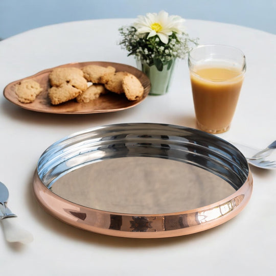 Crafted with precision this steel copper thali adds a refined touch to your table for weddings and festive meals.