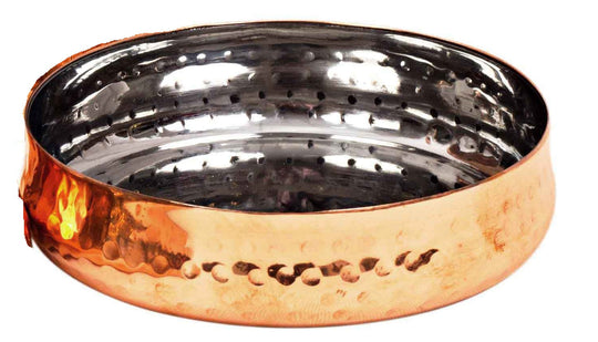 Elegant pure steel copper halwa plate with a hammered curved design ideal for serving halwa at traditional Indian festivals.