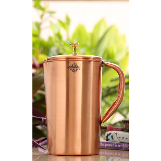 Matte finish copper jug with plain polish and brass knob 1000ml by Indian Art Villa for healthy water storage