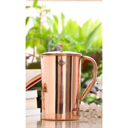 Pure Copper Jug With Diamond Hammered Beeding & Plain Design
