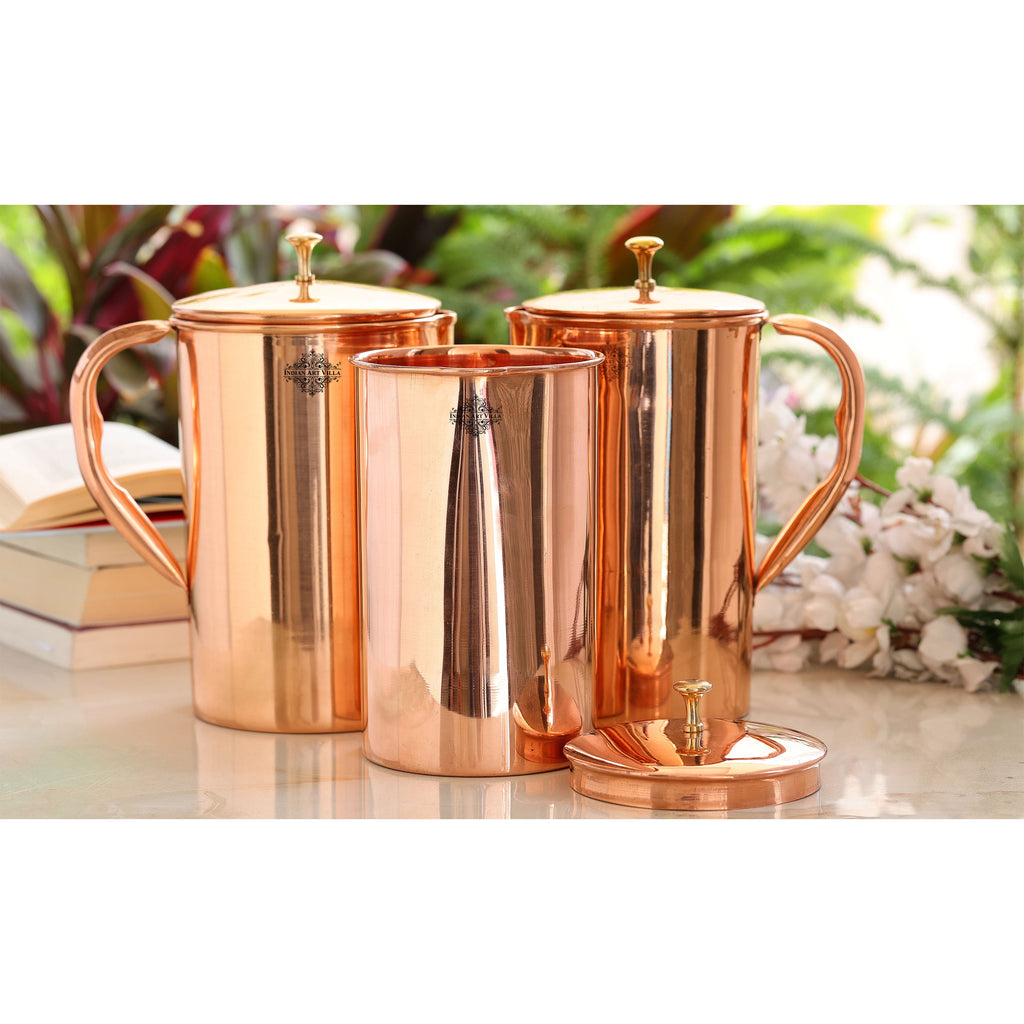 Indian Art Villa Pure Copper Designer Jug, Pitcher with Brass Knob on Lid, Serveware, Drinkware