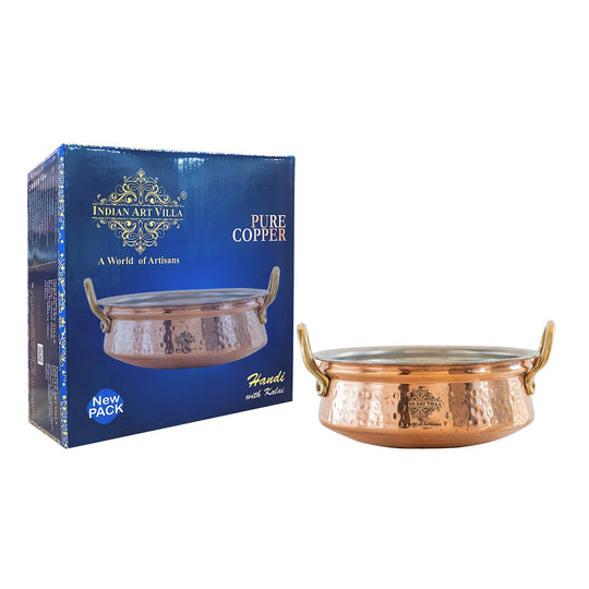 Pure tamba handi with handle hammered design and tin lining ideal for users seeking rustic serveware for meals.