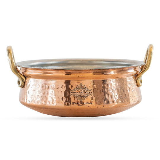 Pure copper handi with handle hammered design perfect for serving food or using as a decorative serving piece.