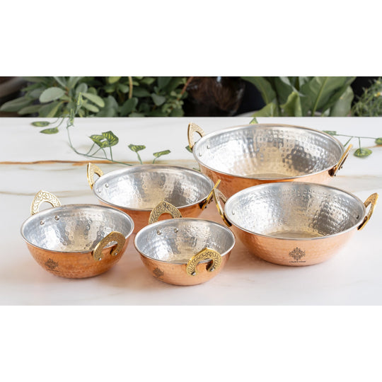 Pure copper kadai cookware with tin lining and hammered texture
