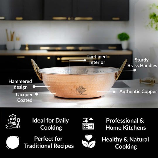 Pure Copper Kadai With Tin Lining, Hammered Design, Cookware & Tableware