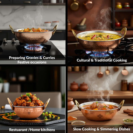 Pure Copper Kadai With Tin Lining, Hammered Design, Cookware & Tableware
