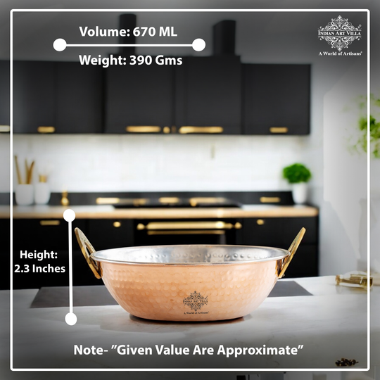 Pure Copper Kadai With Tin Lining, Hammered Design, Cookware & Tableware