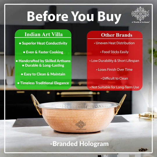 Pure Copper Kadai With Tin Lining, Hammered Design, Cookware & Tableware