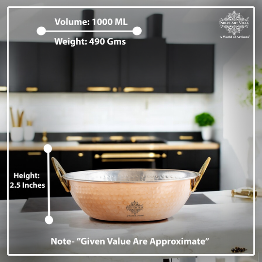 Pure Copper Kadai With Tin Lining, Hammered Design, Cookware & Tableware