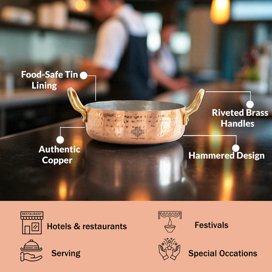 Pure Copper Round Dish Pan With Tin Lining & Brass Handle - Serveware &  Cookware