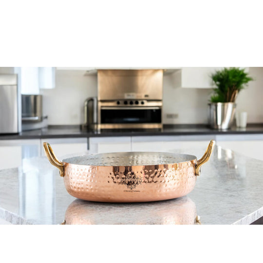 Pure Copper Round Dish Pan With Tin Lining & Brass Handle - Serveware &  Cookware
