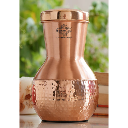 Matka Design Ayurvedic Copper Bottle with Hammered Lower Half and Built-in Glass for Bedroom Use by Indian Art Villa