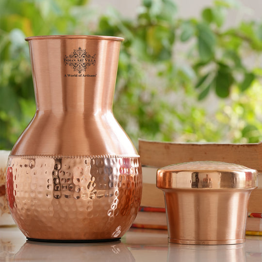 Matka design pure copper bedroom bottle with inbuilt glass front view — Indian Art Villa