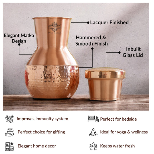 Matka Design Pure Copper Bedroom Bottle With Inbuilt Glass