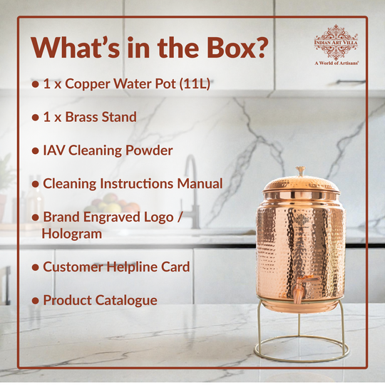 5 litre round copper matka in kitchen alcove for pure drinking water – copper pot for drinking water