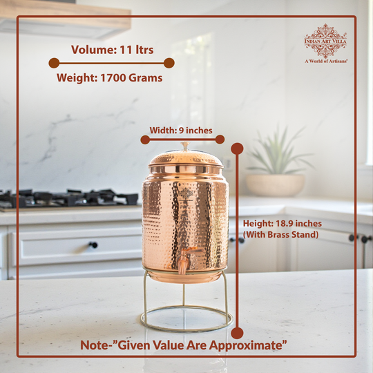 Height and maximum girth chart for round 5 litre copper matka – 5 ltr copper pot