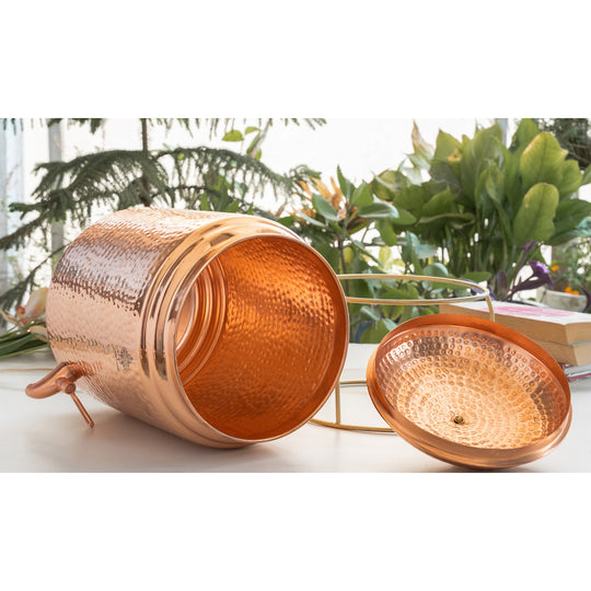 Round 5 litre copper matka for traditional water storage on wooden kitchen shelf – 5 litre copper matka