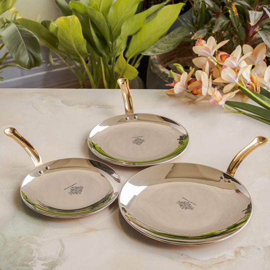 Steel Copper Serving Hammered Tawa Platter With Brass Handle, Home Hotel Rtaurant
