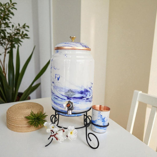 Wide angle of 5L round copper pot with tap showing massive body and brass spigot – copper matka with tap