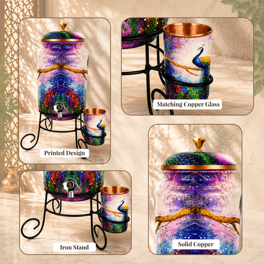 Copper peacock printed water pot 5 litres white background — Indian Art Villa