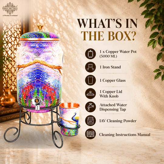 Copper peacock printed water pot 5 litres angle view — Indian Art Villa