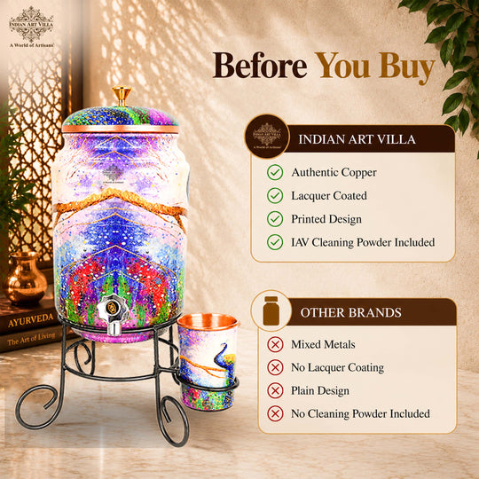 Copper peacock printed water pot 5 litres close-up — Indian Art Villa