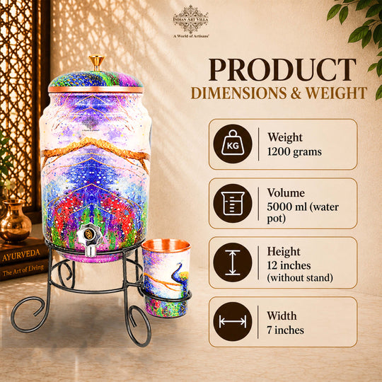 Copper peacock printed water pot 5 litres lifestyle — Indian Art Villa