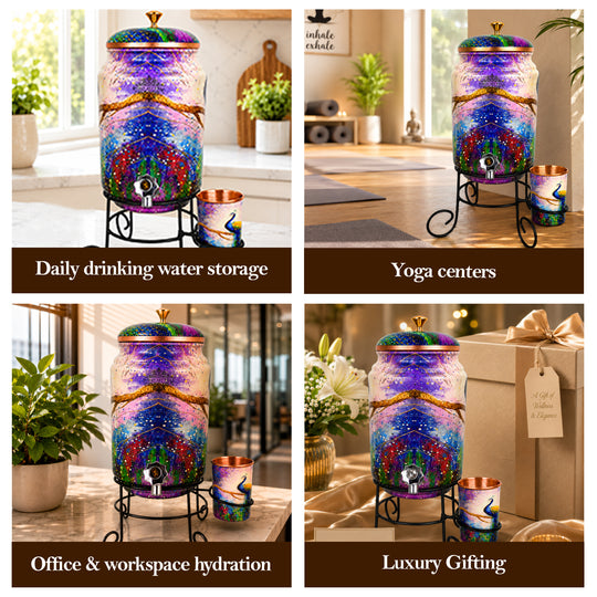 Copper colorful peacock printed water pot with stand glass 5 litres full view — Indian Art Villa