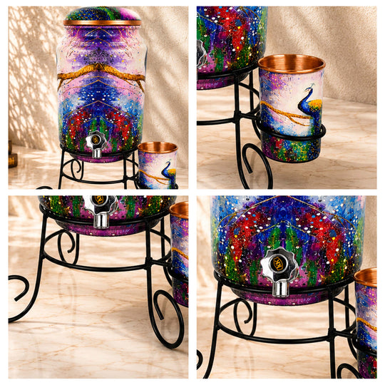 Copper peacock printed water pot 5 litres top view — Indian Art Villa