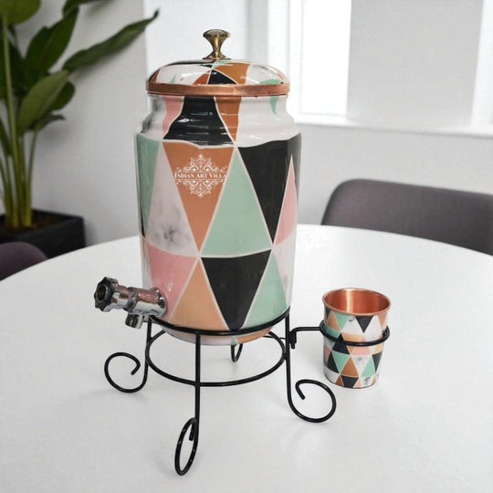 5 litre round copper matka with stand at hotel for elegant guest water service – copper water pot with stand