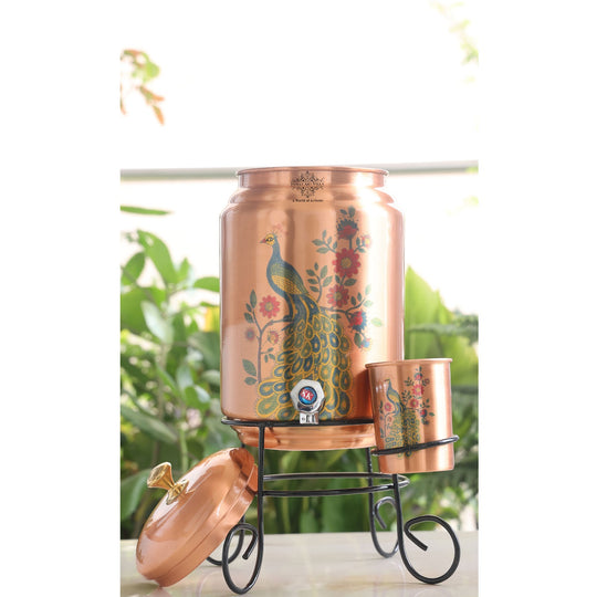 Printed 5 litre copper matka as colourful decorative water pot on kitchen shelf – copper water pot