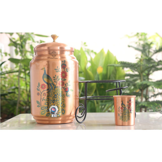 Close-up of floral print design on 5L printed copper matka showing colour and pattern detail – tamba matka price