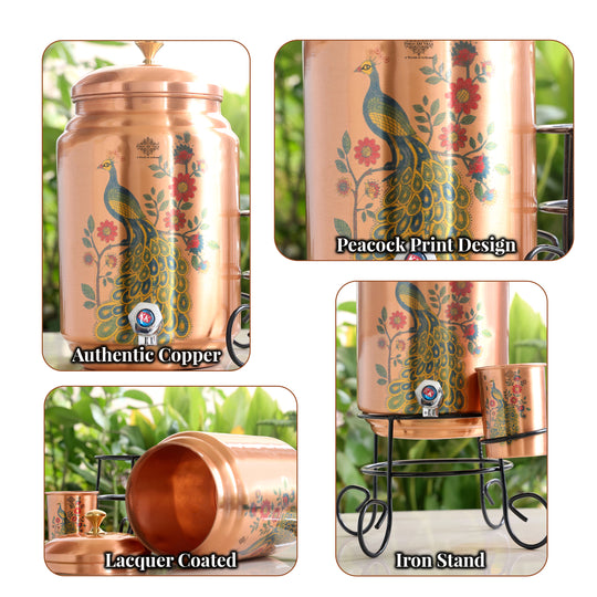 Pure Copper Peacock Print Water Pot Set – 5 L