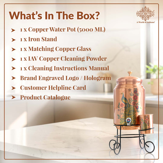 Pure Copper Peacock Print Water Pot Set – 5 L