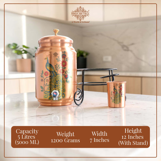 Pure Copper Peacock Print Water Pot Set – 5 L