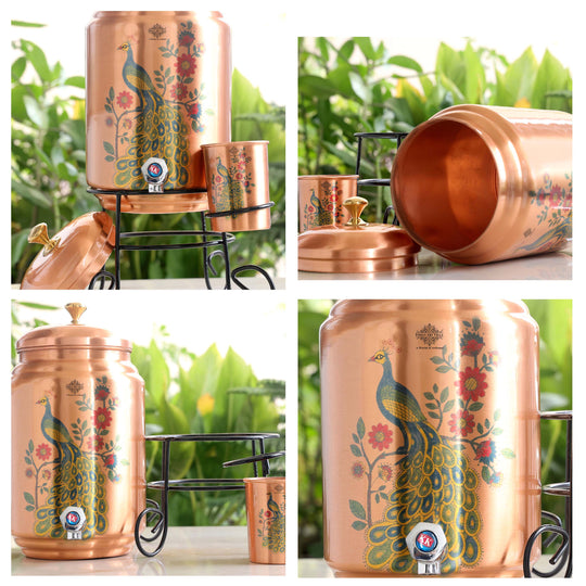 Pure Copper Peacock Print Water Pot Set – 5 L