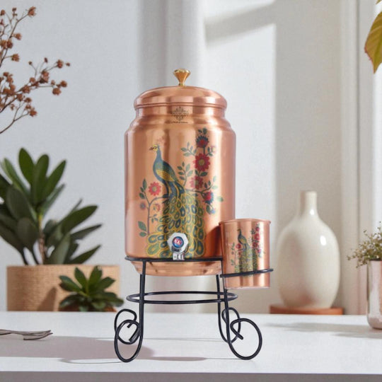 Dimensions of 5 litre hammered copper matka with stand – height with and without stand – copper water pot with stand
