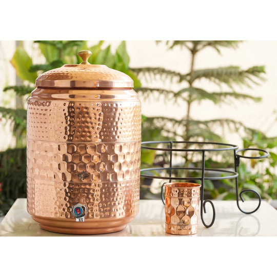 Pure Copper Hammered Water Pot with Stand & Glass – 10 L