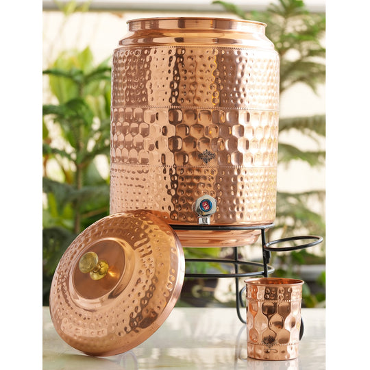 Pure Copper Hammered Water Pot with Stand & Glass – 10 L